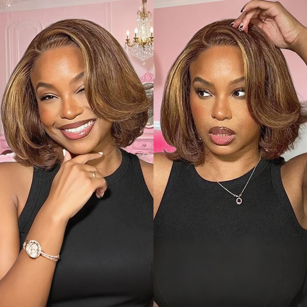 Black/Blonde Highlight Short Layered Bob Wig Glueless 5x5 Closure Pre-Cut Lace Wig