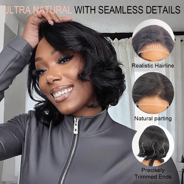 Black/Blonde Highlight Short Layered Bob Wig Glueless 5x5 Closure Pre-Cut Lace Wig