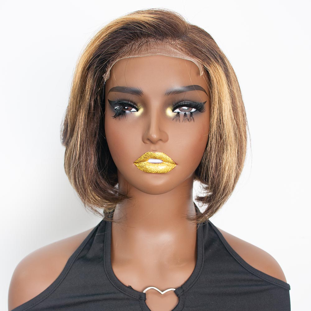Black/Blonde Highlight Short Layered Bob Wig Glueless 5x5 Closure Pre-Cut Lace Wig