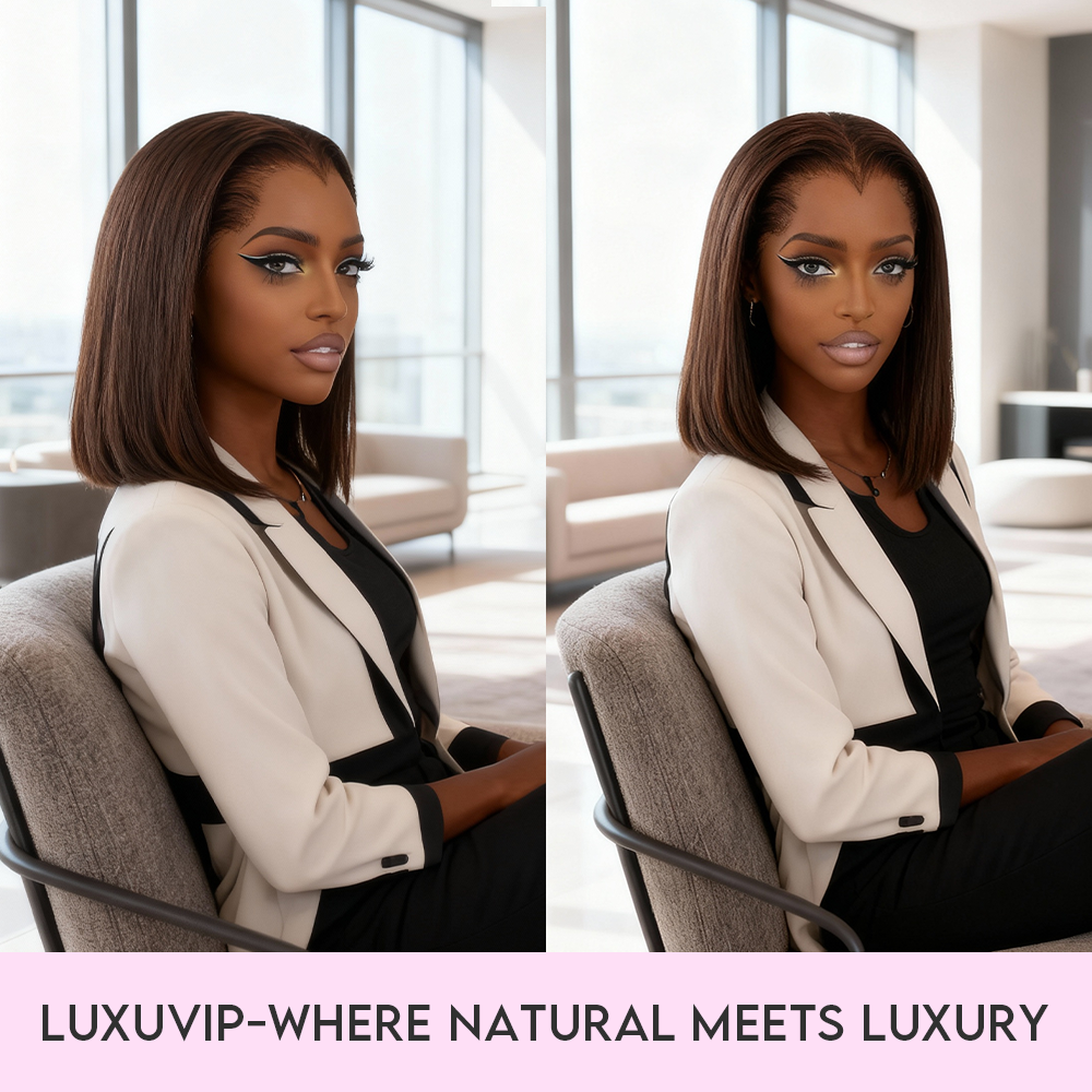 LUXUVIP Chocolate Brown Blunt Cut Bob Wig Features With Pre Plucked M Hairline, Giving Seamless & Natural Look. High Quality Human Hair, 13x4 Lace Can Achieve Versatile Style