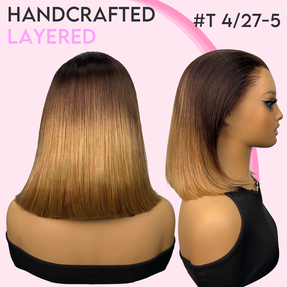 LUXUVIP Chocolate Brown Blunt Cut Bob Wig Features With Pre Plucked M Hairline, Giving Seamless & Natural Look. High Quality Human Hair, 13x4 Lace Can Achieve Versatile Style