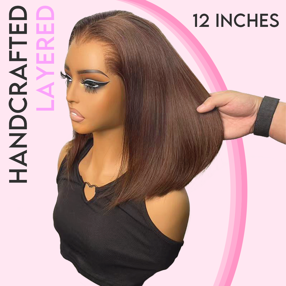 LUXUVIP Chocolate Brown Blunt Cut Bob Wig Features With Pre Plucked M Hairline, Giving Seamless & Natural Look. High Quality Human Hair, 13x4 Lace Can Achieve Versatile Style