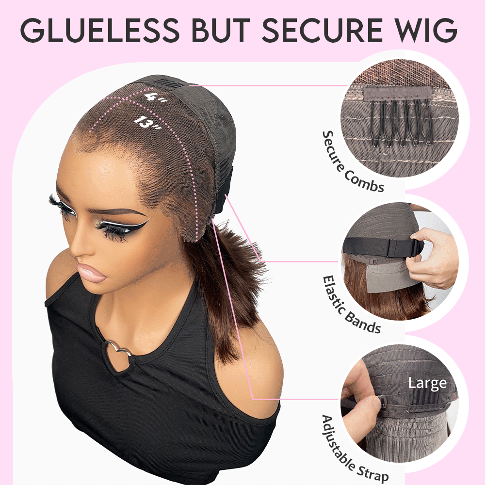 LUXUVIP Chocolate Brown Blunt Cut Bob Wig Features With Pre Plucked M Hairline, Giving Seamless & Natural Look. High Quality Human Hair, 13x4 Lace Can Achieve Versatile Style