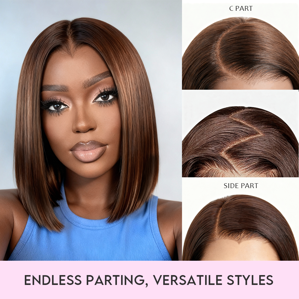 LUXUVIP Chocolate Brown Blunt Cut Bob Wig Features With Pre Plucked M Hairline, Giving Seamless & Natural Look. High Quality Human Hair, 13x4 Lace Can Achieve Versatile Style