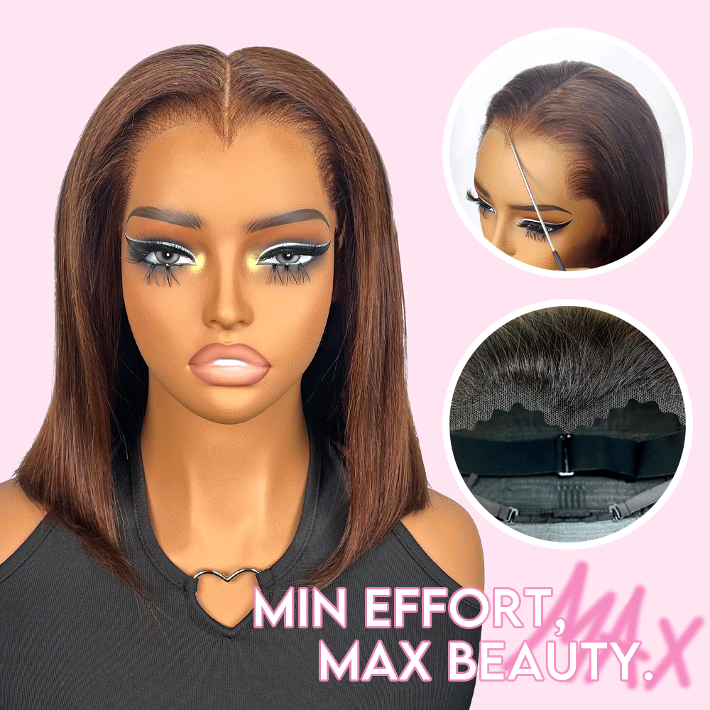 LUXUVIP Chocolate Brown Blunt Cut Bob Wig Features With Pre Plucked M Hairline, Giving Seamless & Natural Look. High Quality Human Hair, 13x4 Lace Can Achieve Versatile Style